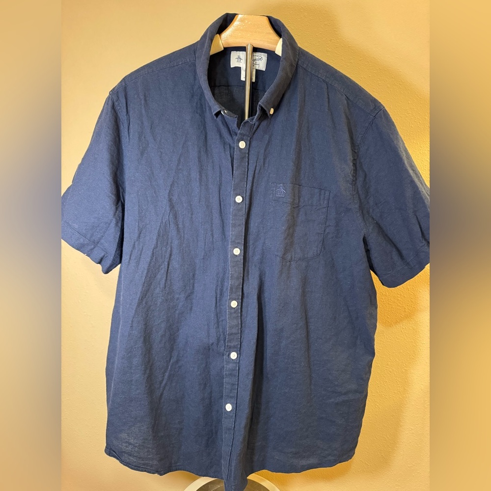Men's Penguin Blue Short Sleeve Linen Blend Shirt